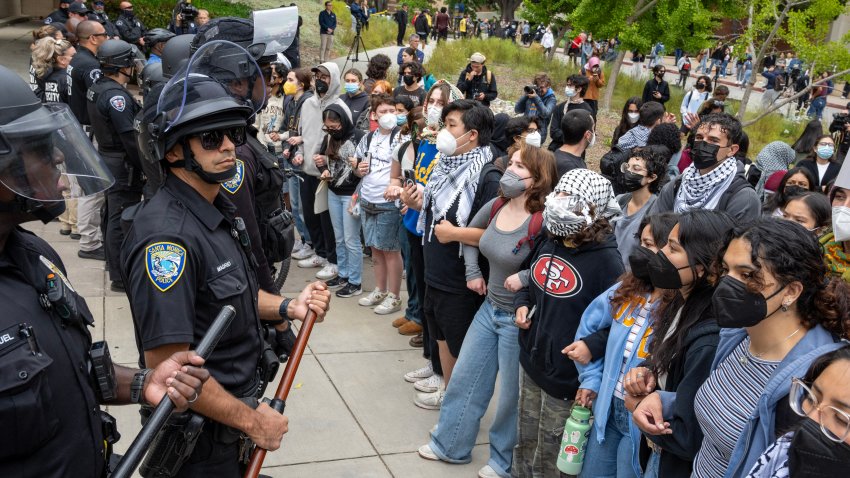 Los Angeles, CA – May 23: Pro Palestinian protesters stand off with police during a rally on the campus of UCLA in Los Angeles on Thursday, May 23, 2024. (Photo by Hans Gutknecht/MediaNews Group/Los Angeles Daily News via Getty Images)