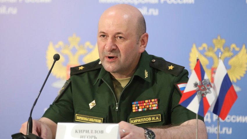 FILE – Maj. Gen. Igor Kirillov, the chief of the Russian military’s radiation, chemical and biological protection unit, attends a briefing in Kubinka Patriot park, outside Moscow, Russia, on June 22, 2018.