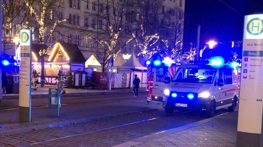 Police vehicle outside German Christmas market.