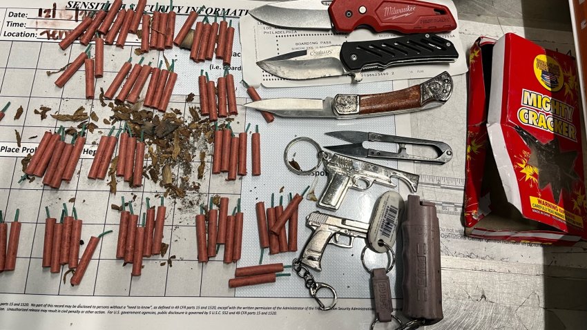 Contents of traveler’s carry-on bag containing multiple prohibited items discovered by TSA officers at LAX on Sunday, December 15, 2024.