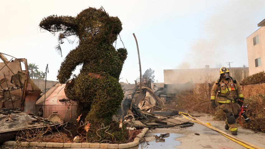 Un bombero pasa junto a una escultura de conejo carbonizada y escombros en el destruido Museo del Conejo, el jueves 9 de enero de 2025, en la sección Altadena de Pasadena, California. (Foto AP/Chris Pizzello)