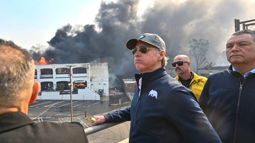 PCIFIC PALISADES, CA – January 08: California Governor Gavin Newsom, left, surveys damage in Pacific Palisades with CalFire’s Nick Schuler, center, and State Senator Alex Padilla during the Palisades Fire on Wednesday, January 8, 2025, in Pacific Palisades, CA.
(Photo by Jeff Gritchen/MediaNews Group/Orange County Register via Getty Images)