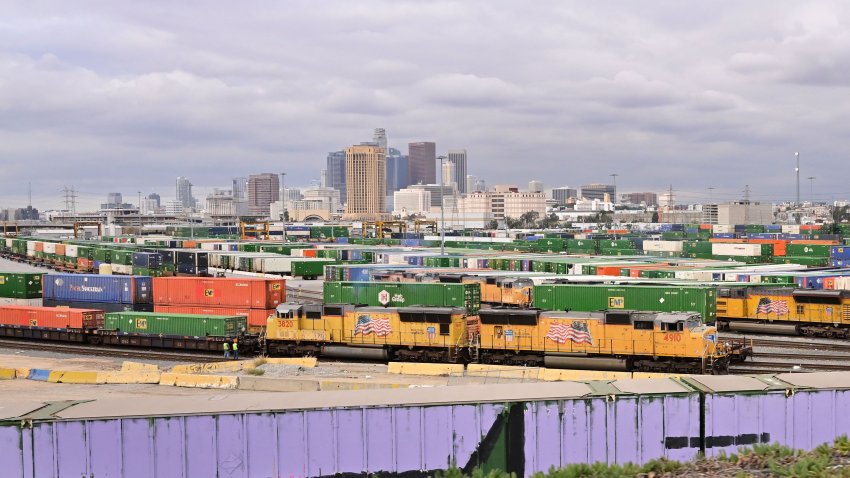 Cargo trains on tracks at Union Pacific’s LATC Intermodal Terminal in Los Angeles, California on December 1, 2022. – The US Congress passed legislation Thursday to avert a freight rail strike that would be potentially devastating for the economy, working to break an impasse between workers and management as the holiday season approaches. (Photo by Frederic J. BROWN / AFP) (Photo by FREDERIC J. BROWN/AFP via Getty Images)