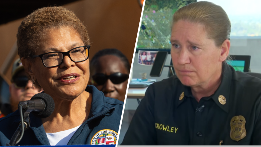 La alcaldesa de Los Ángeles, Karen Bass, y la jefa del LAFD,  Kristin Crowley.