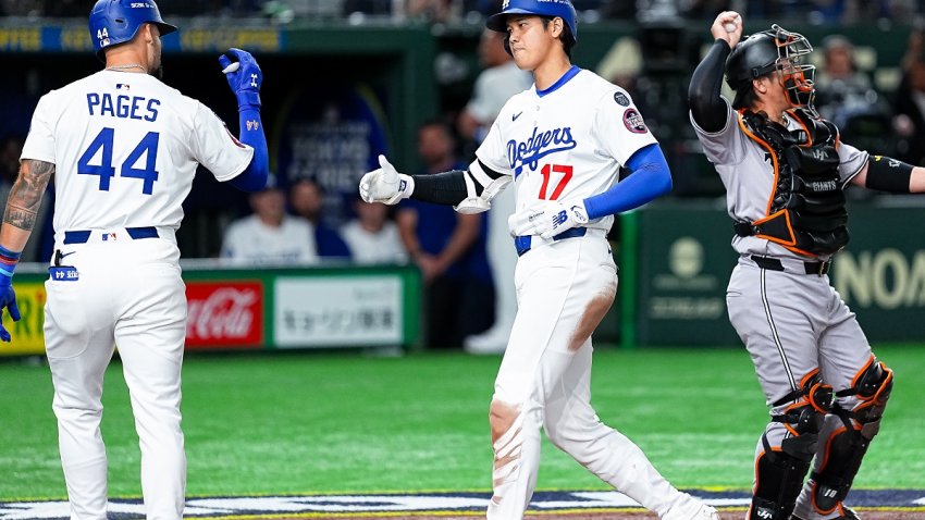 TOKYO, JAPAN – MARCH 15: Shohei Ohtani (R) #17 of the Los Angeles Dodgers celebrates with Andy Pages (L) #44 of the Los Angeles Dodgers after hitting a two run homerun in the top of the third inning during the MLB Tokyo Series between Los Angeles Dodgers and Yomiuri Giants at Tokyo Dome on March 15, 2025 in Tokyo, Japan.  (Photo by Gene Wang/Getty Images)