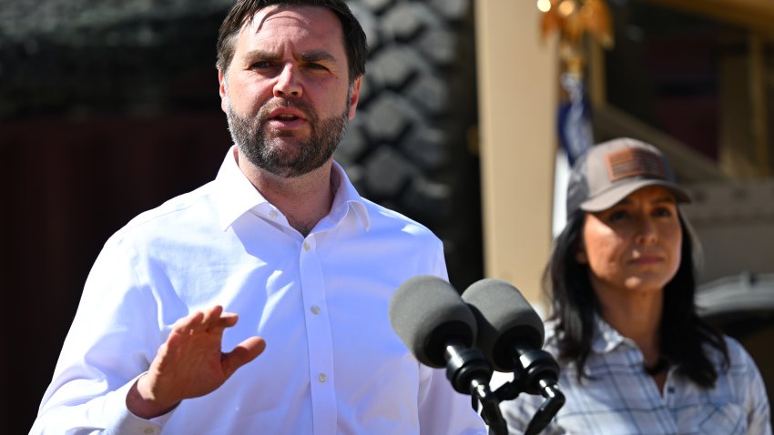 EAGLE PASS, TEXAS – MARCH 05: U.S. Vice President JD Vance speaks as Director of National Intelligence Tulsi Gabbard looks on during a visit to the U.S.-Mexico border on March 05, 2025 in Eagle Pass, Texas. Vance is visiting the southern border to tour operations and meet with local, state, and federal officials regarding the significant decline in illegal crossings since U.S. President Donald Trump began his second term. The Trump administration has implemented strict immigration policies including a crackdown on illegal migrant crossings and plans for mass deportations. (Photo by Brandon Bell/Getty Images)