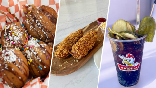 Left to right: Deep-fried Oreos, ramen-covered Korean corndog, a Mr. Pibb pickle drink.