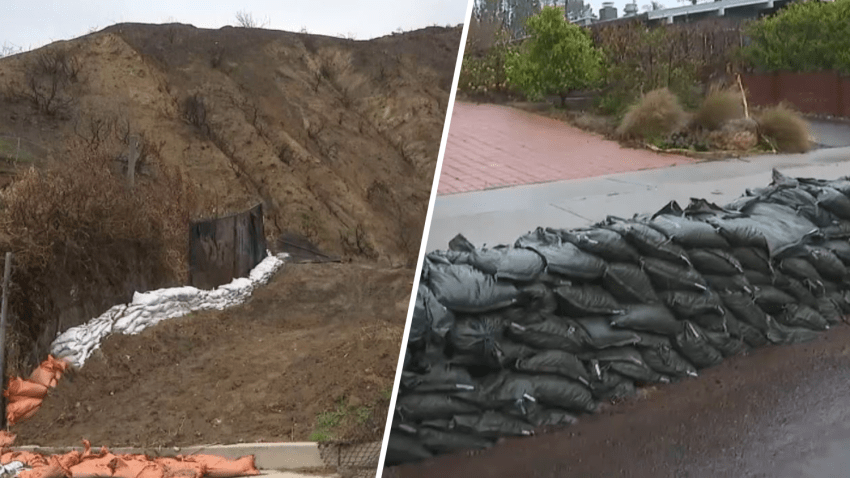 Sandbags are placed in burn zones ahead of a March 2025 storm in Los Angeles.
