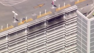 The scene of a fire Friday April 4, 2025 at a Disneyland parking structure.