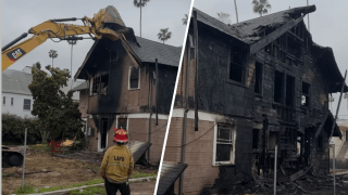 A burned house in Hollywood is demolished Thursday May 1, 2025.