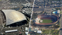 Aerial views of SoFi Stadium (left) in Inglewood and Los Angeles Memorial Coliseum in Exposition Park.