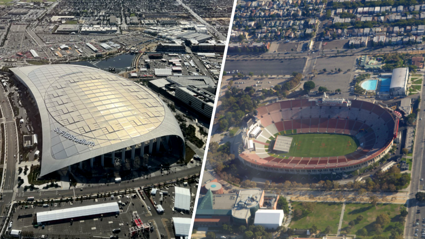Aerial views of SoFi Stadium (left) in Inglewood and Los Angeles Memorial Coliseum in Exposition Park.