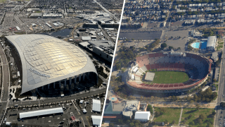 Aerial views of SoFi Stadium (left) in Inglewood and Los Angeles Memorial Coliseum in Exposition Park.