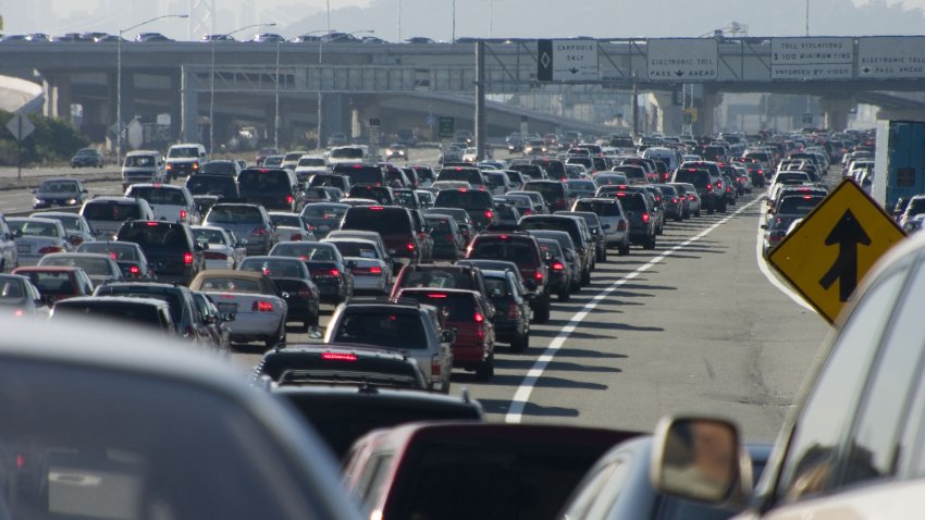 Rush-hour traffic approaching the Oakland-San Francisco Bay Bridge.