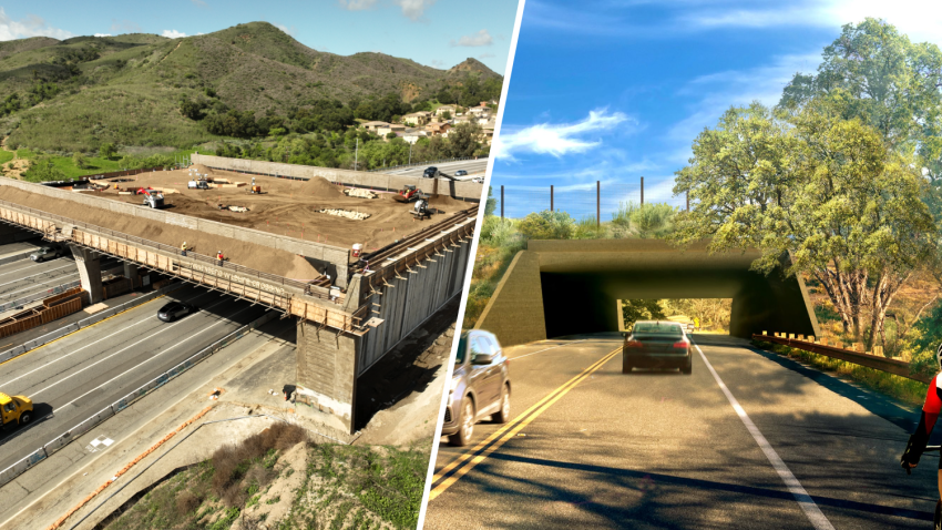 A photo of the Wallis Annenberg Wildlife Crossing (left) and a rendering of the span over Agoura Road.