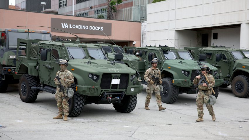 Los Angeles, CA. June 8, 2025 National Guard are stationed at the Metropolitan Detention Center, MDC, in Los Angeles on Sunday, June 8, 2025. (Jason Armond/Los Angeles Times via Getty Images)