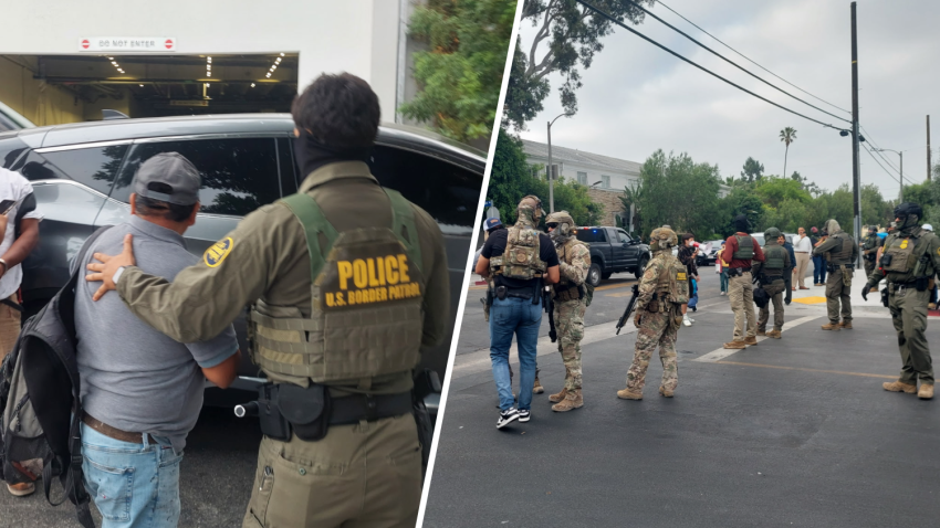 Federal agents are pictured near a Home Depot in Hollywood on Thursday June 19, 2025.