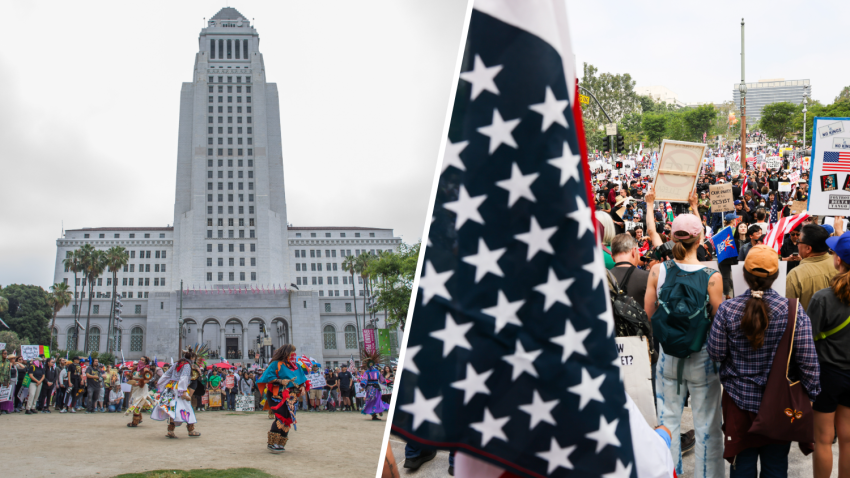 Scenes from the 'No Kings' protest Saturday June 14, 2025 in downtown Los Angeles.