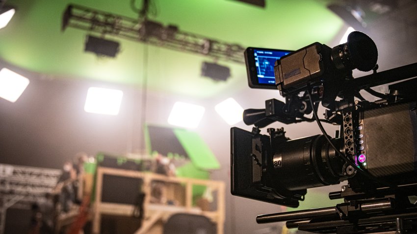 A professional digital cinema camera, on a film set.
