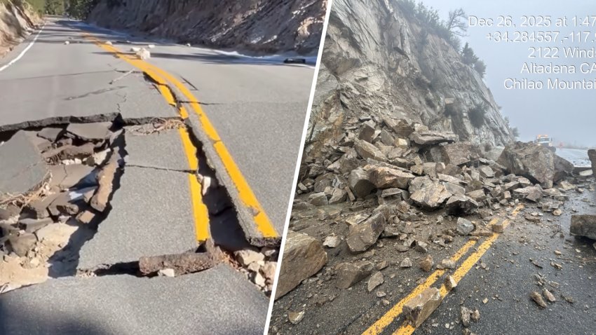 Damaged sections of Angeles Crest Highway in December 2025.
