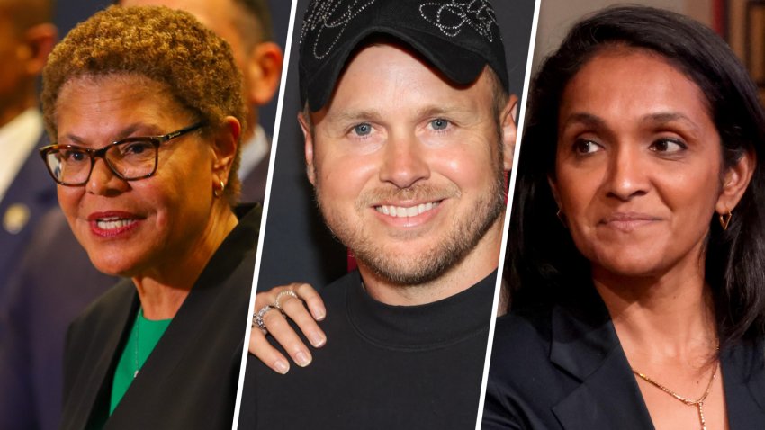 Los Angeles Mayor Karen Bass, reality TV star Spencer Pratt and LA Councilmember Nithya Raman are pictured.
