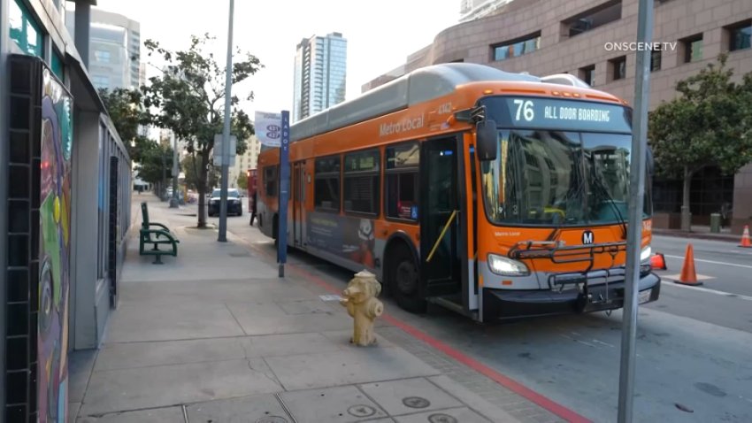 A Metro Line 76 bus in downtown Los Angeles, as seen on Saturday, April 11, 2026.