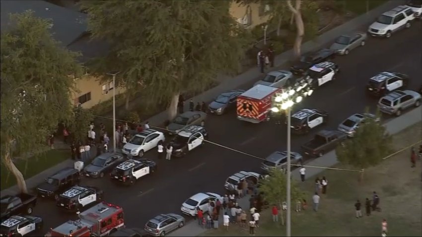 The scene in Canoga Park after a shooting on Sunday, June 7, 2026.