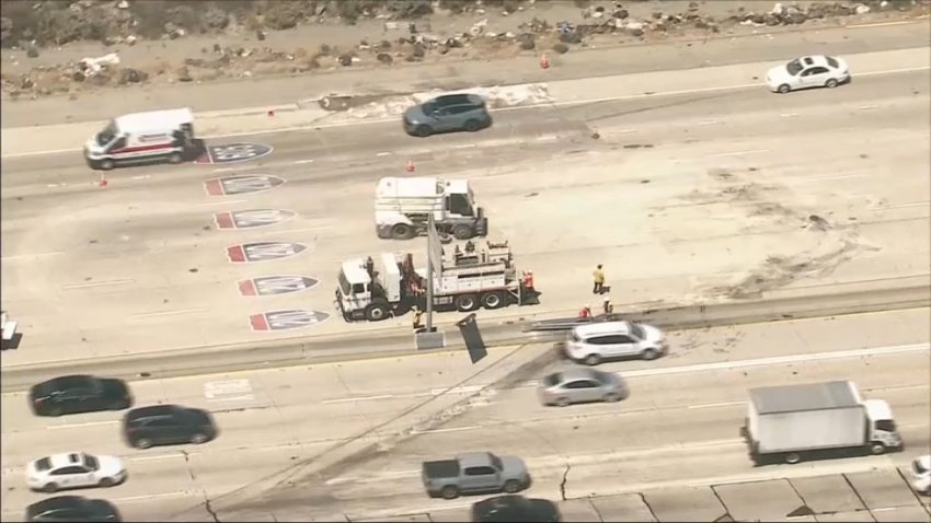 The scene after a multi-vehicle crash involving a big-rig on the 210 Freeway in Irwindale on Saturday, June 20, 2026.
