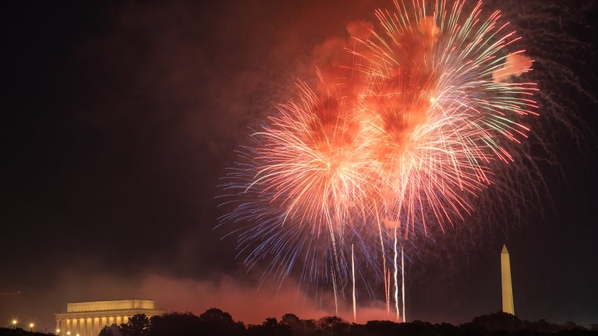 Fireworks illuminate the skyline above the Lincoln Memorial, Washington Monument, and U.S. Capitol during U.S. Independence Day celebrations, as seen from Arlington, VA, on July 4, 2025. (Photo by Mohammad Reza Mousavi / Middle East Images via AFP) (Photo by MOHAMMAD REZA MOUSAVI/Middle East Images/AFP via Getty Images)