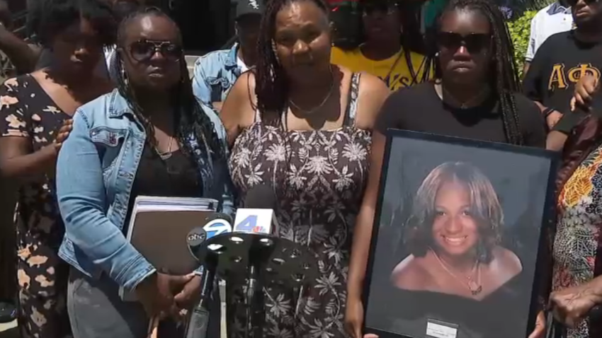 Family members of Erik Washington and Meah Bordenave-Jenkins speak at a news conference July 6, 2026 in Compton.
