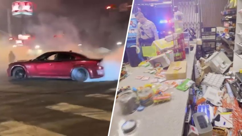 The street takeover and aftermath of looting at a liquor store in Bellflower on Saturday, Aug. 15, 2026.