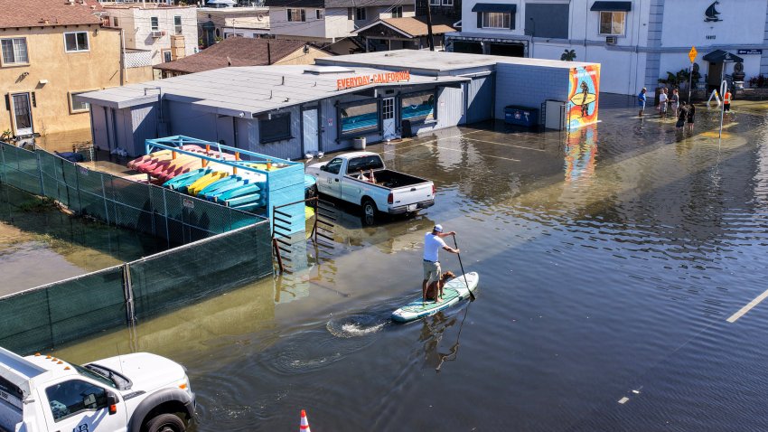 Huntington Beach, CA – October 27, 2026: High tide floods businesses and homes along Pacific Coast Highway at Sunset Beach, Huntington Beach, CA on Tuesday, Oct. 27, 2026. (Robert Gauthier/Los Angeles Times via Getty Images)